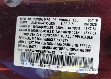 2019 Honda Cr-V Ex-L из США, поврежденный, VIN 7FARW2H89KE025743